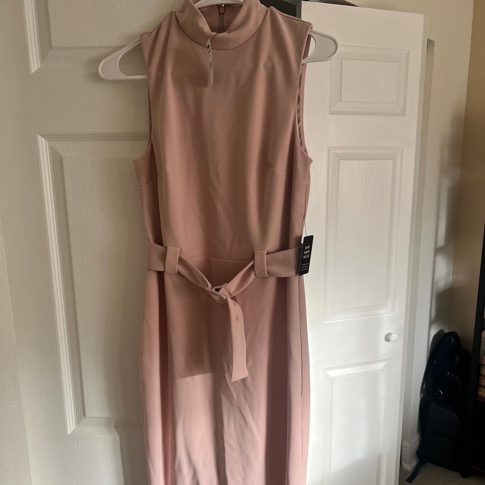 Light Pink Sleeveless Belted Midi Work Dress Express